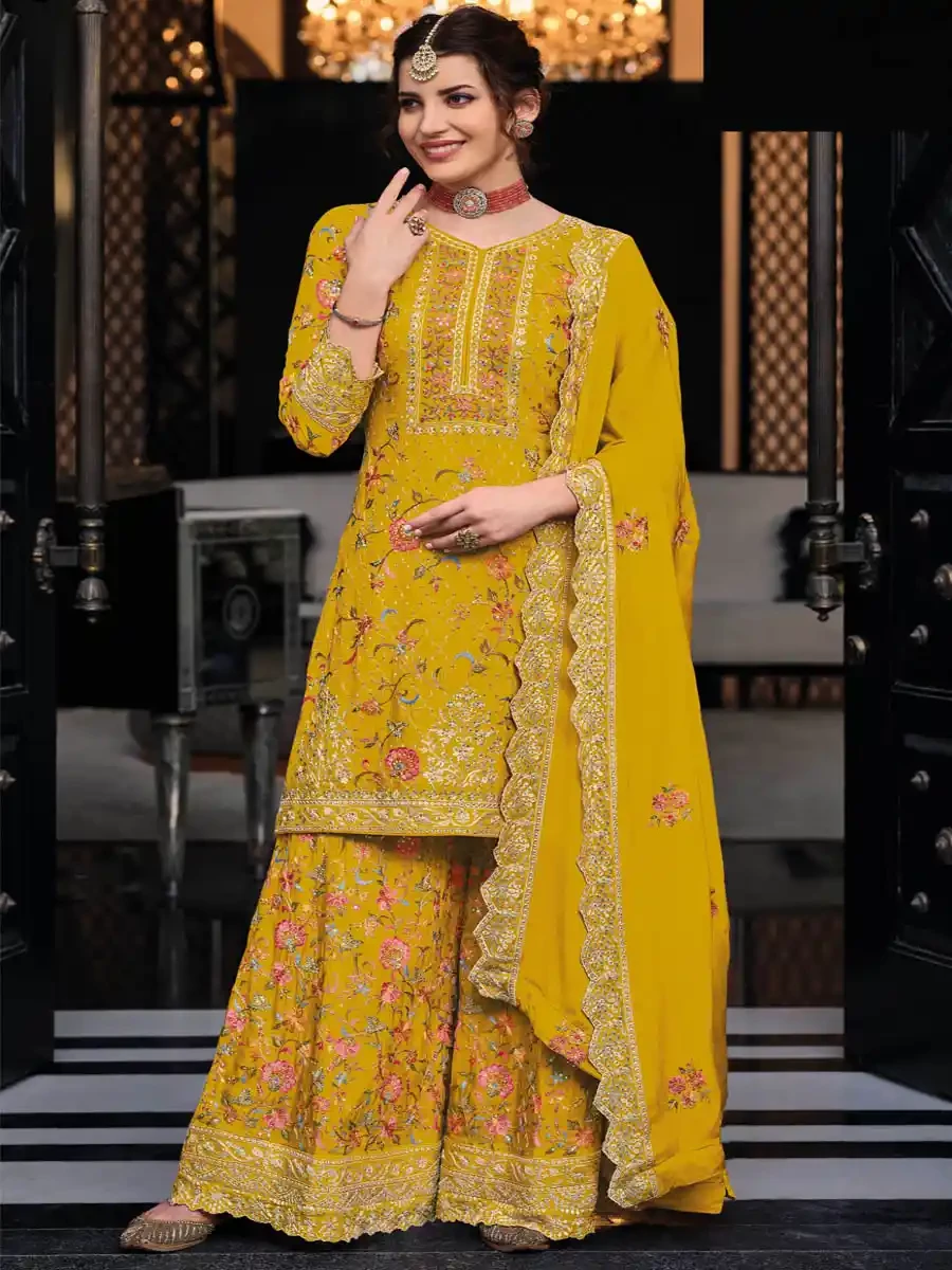 Yellow Heavy Premium Silk Embroidered Festival Wedding Palazzo Pant Salwar Kameez