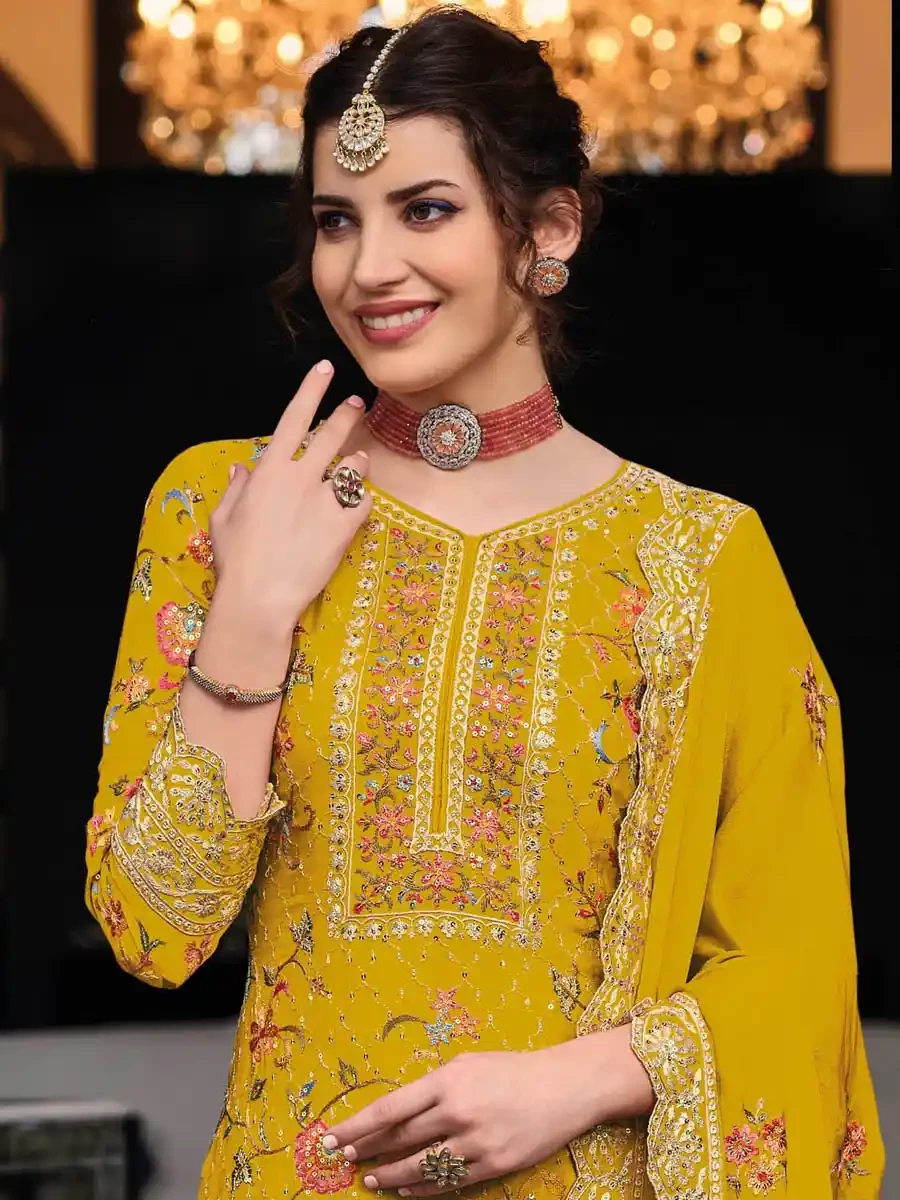 Yellow Heavy Premium Silk Embroidered Festival Wedding Palazzo Pant Salwar Kameez