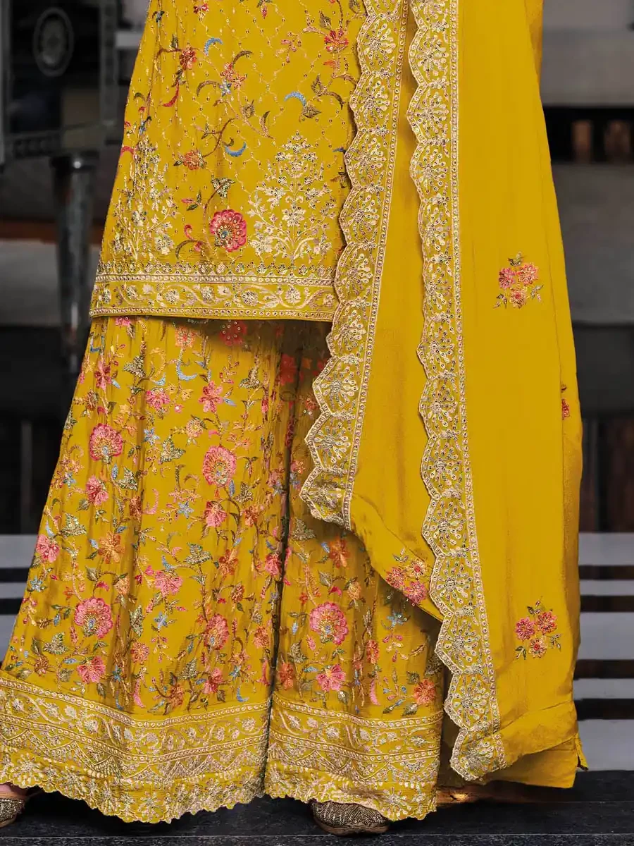 Yellow Heavy Premium Silk Embroidered Festival Wedding Palazzo Pant Salwar Kameez