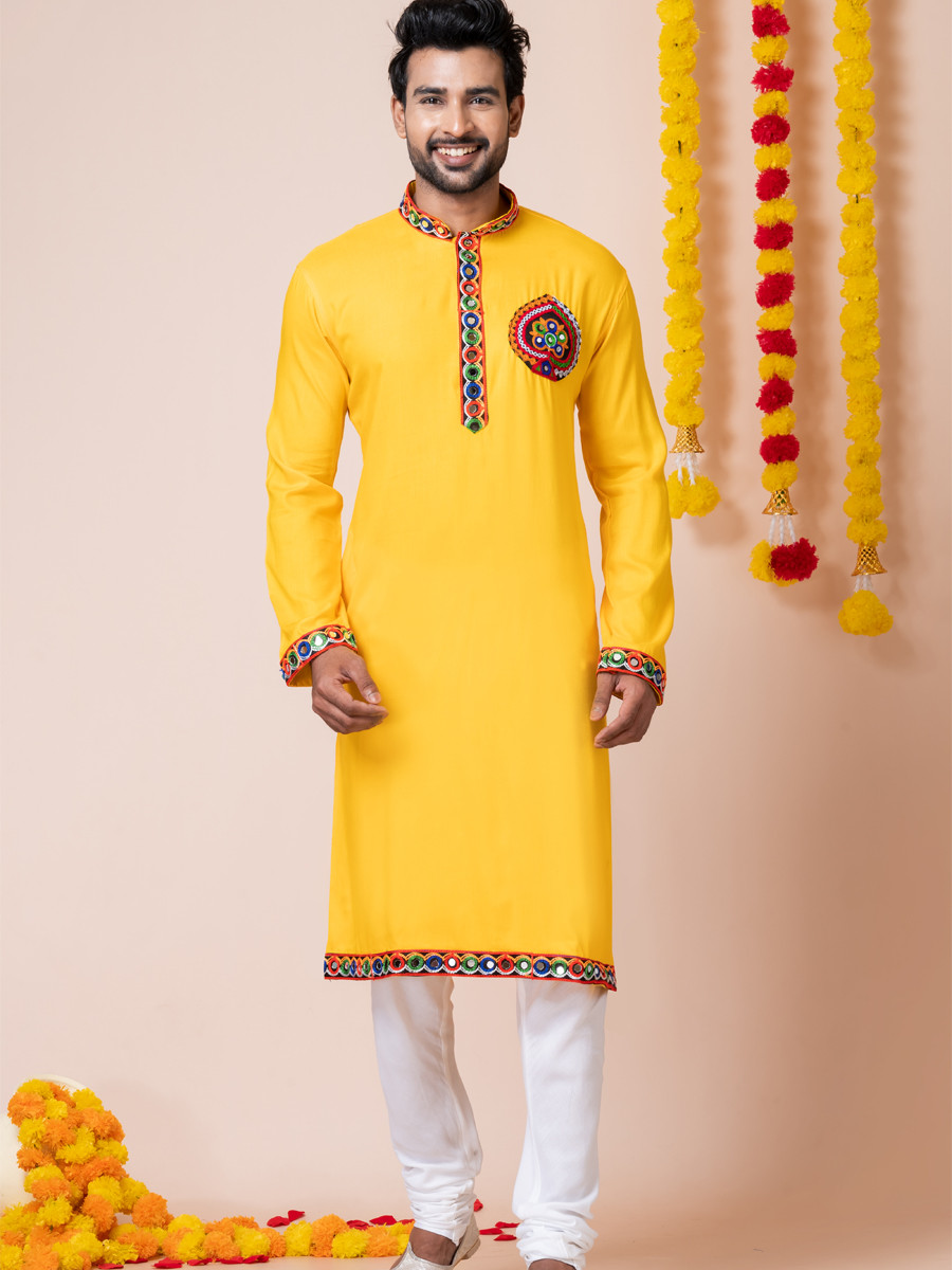 Yellow Heavy Rayon Embroidered Festival Wedding Kurta