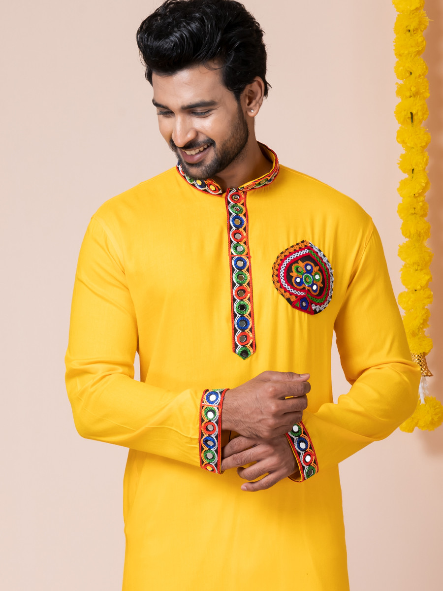 Yellow Heavy Rayon Embroidered Festival Wedding Kurta