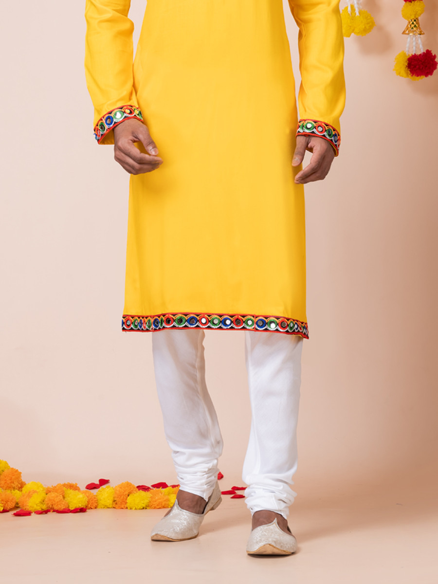 Yellow Heavy Rayon Embroidered Festival Wedding Kurta