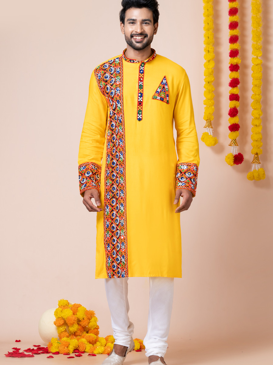 Yellow Heavy Rayon Embroidered Festival Wedding Kurta