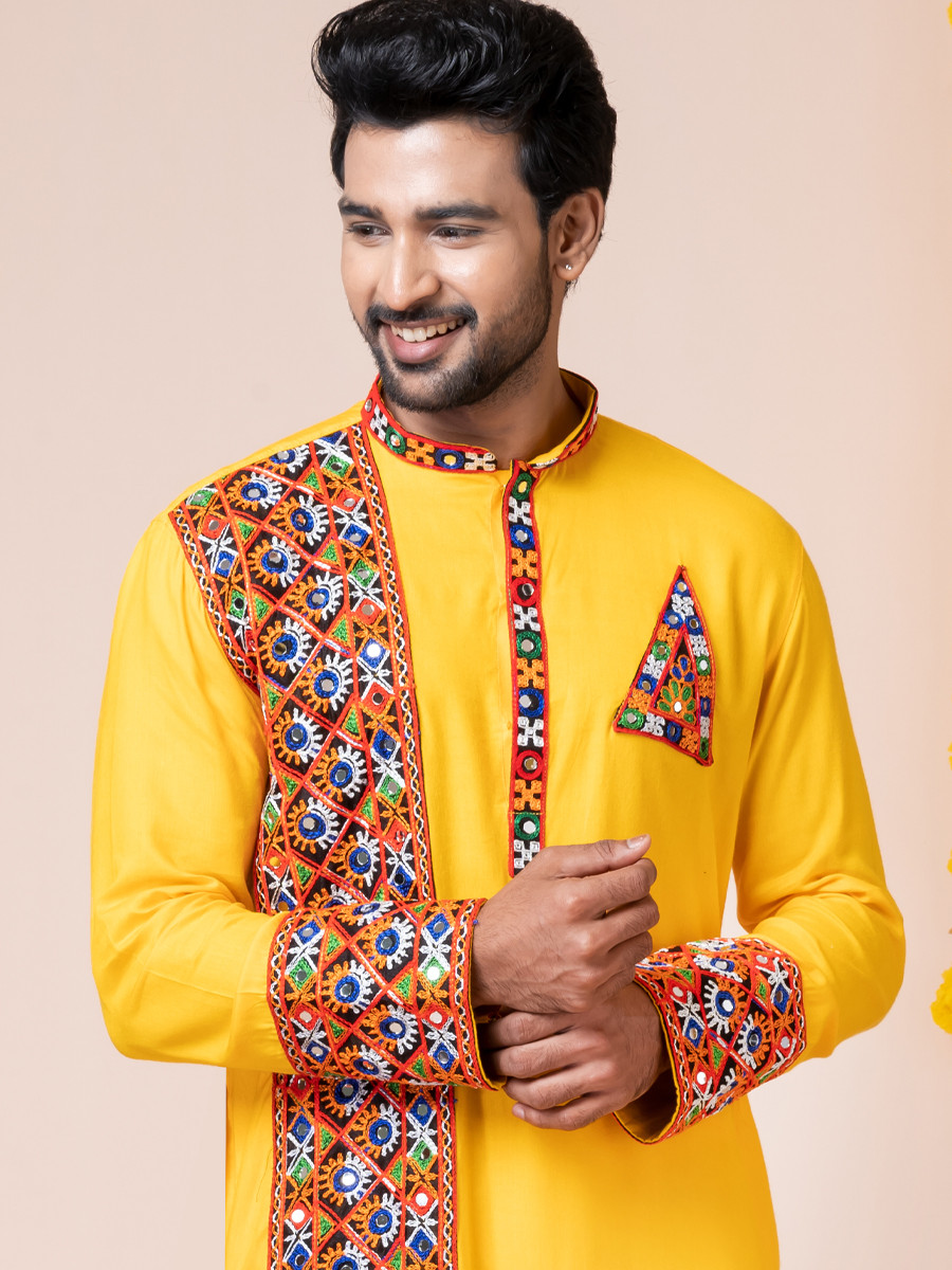 Yellow Heavy Rayon Embroidered Festival Wedding Kurta