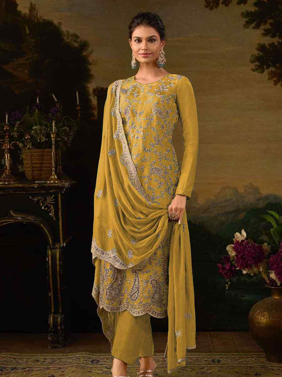 Yellow Heavy Silk Embroidered Festival Casual Pant Salwar Kameez