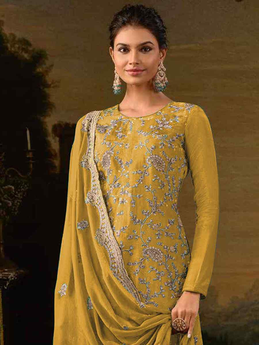 Yellow Heavy Silk Embroidered Festival Casual Pant Salwar Kameez