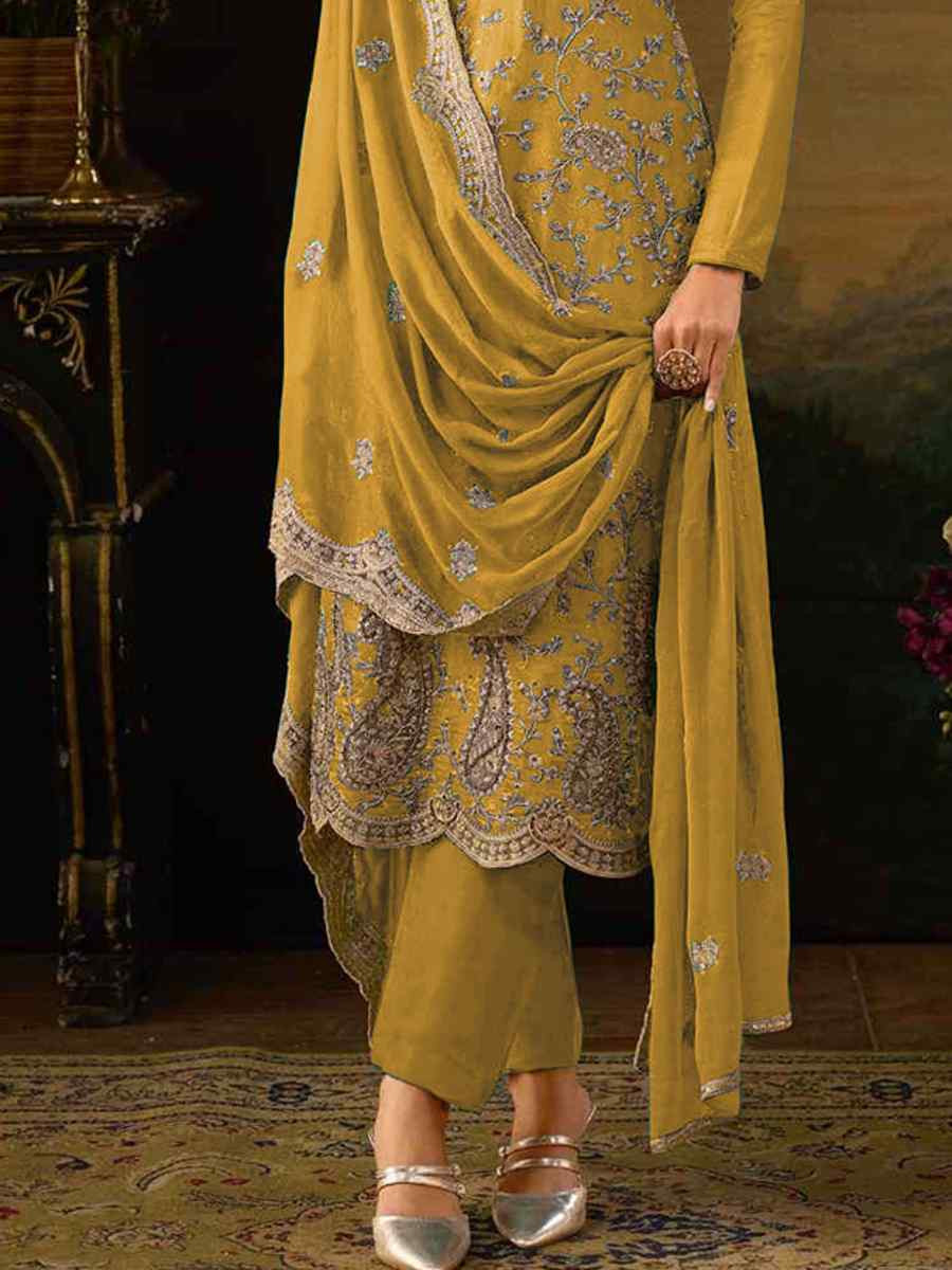 Yellow Heavy Silk Embroidered Festival Casual Pant Salwar Kameez