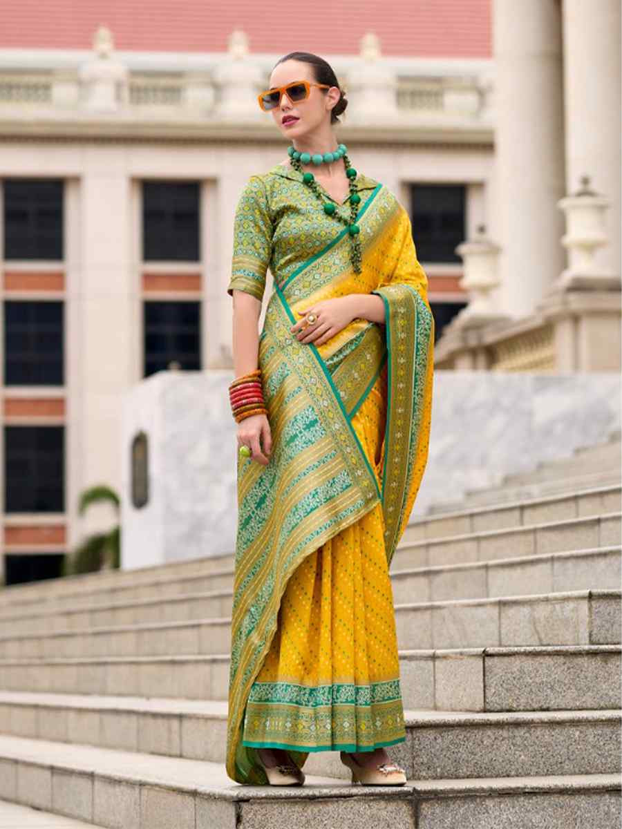 Yellow Ikkat Soft Silk Handwoven Festival Wedding Heavy Border Saree