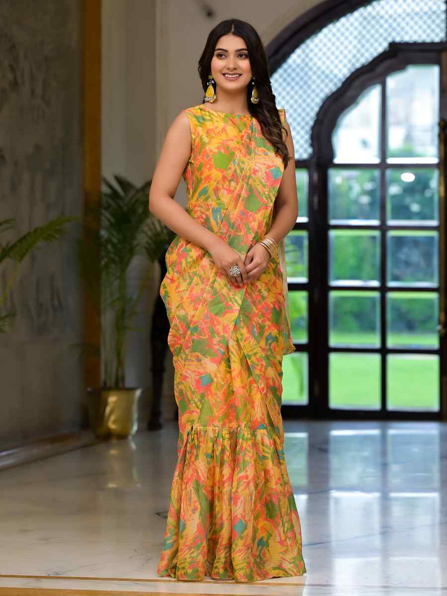 Yellow Imported Georgette Printed Festival Party Contemporary Saree