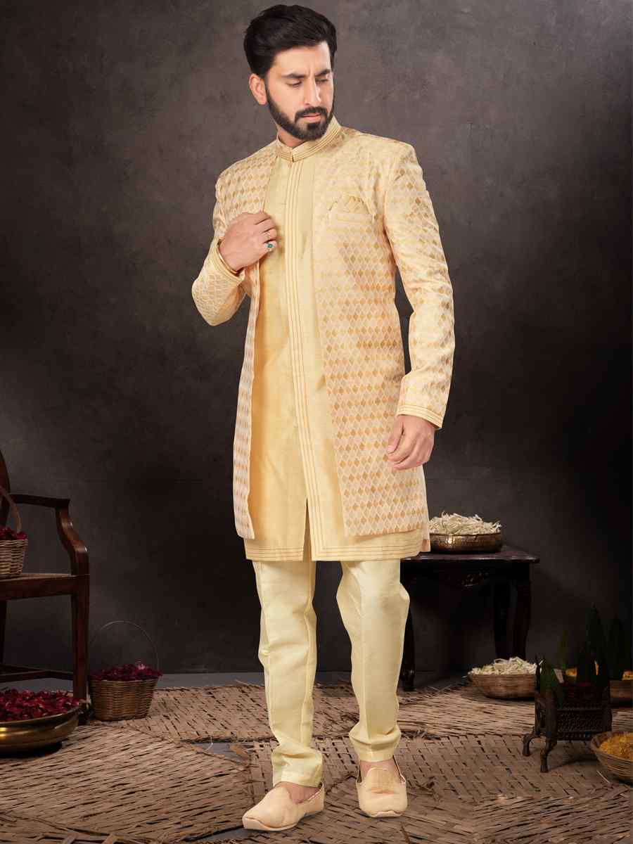 Yellow Jacquard Embroidered Festival Wedding Kurta