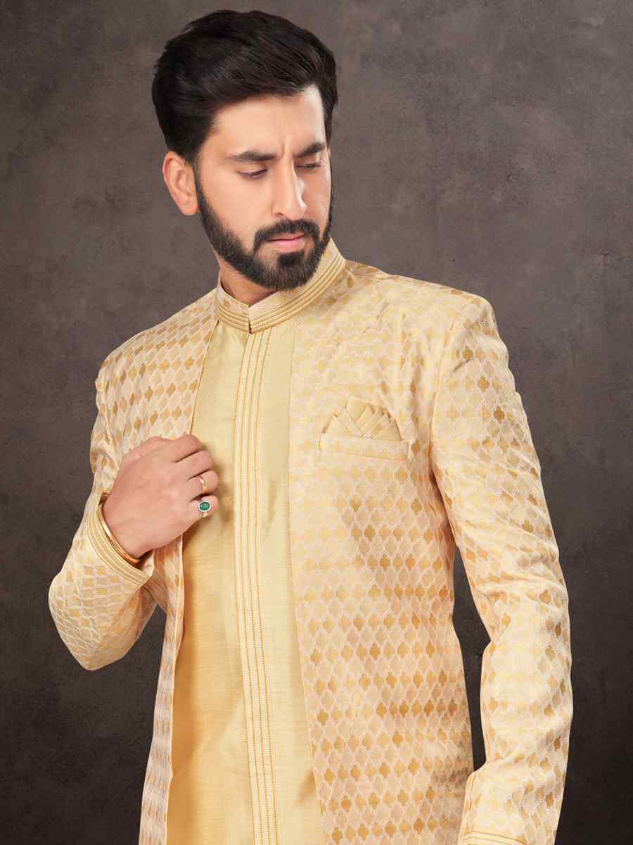 Yellow Jacquard Embroidered Festival Wedding Kurta