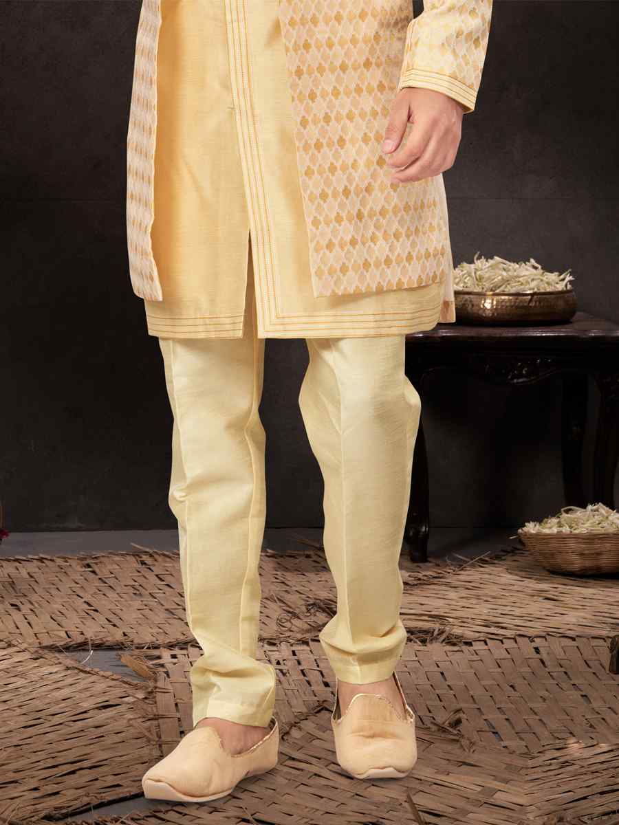 Yellow Jacquard Embroidered Festival Wedding Kurta