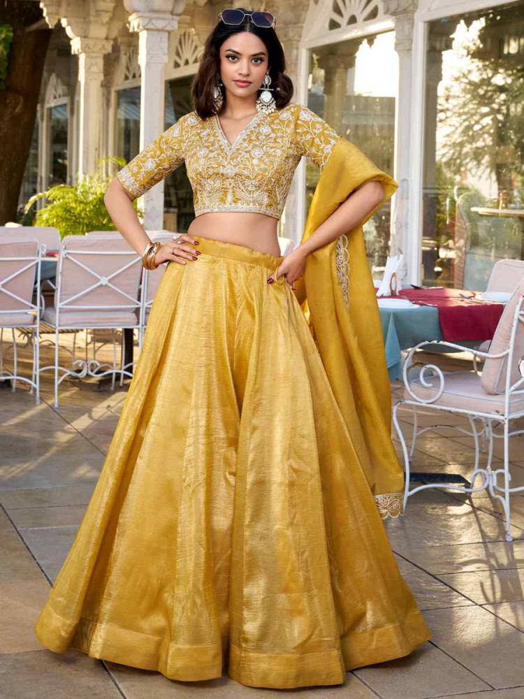 Yellow Jimmy choo Embroidered Mehendi Festival Circular Lehenga Choli