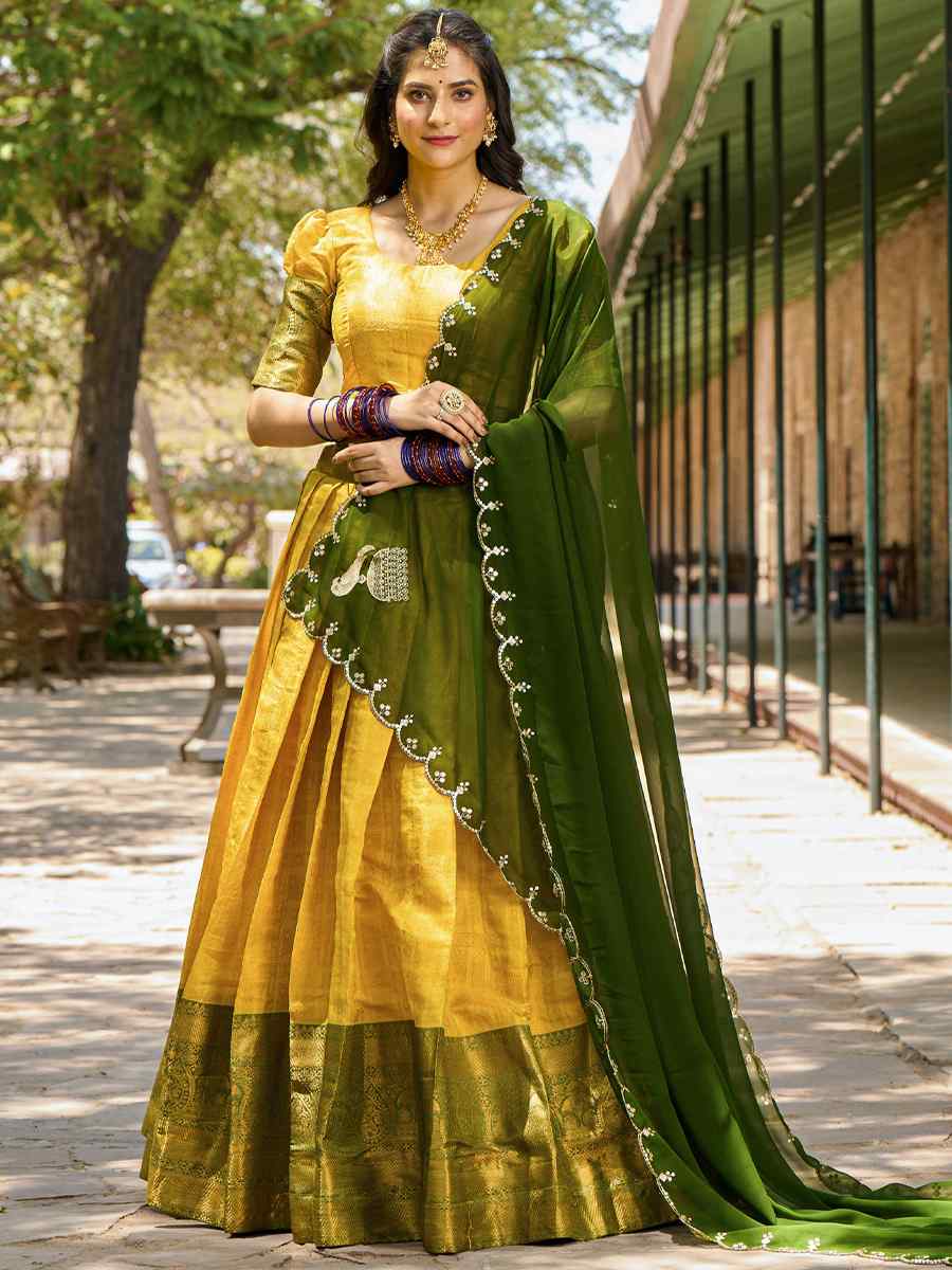 Yellow Kanjivaram Embroidered Mehendi Festival Traditional Lehenga Choli