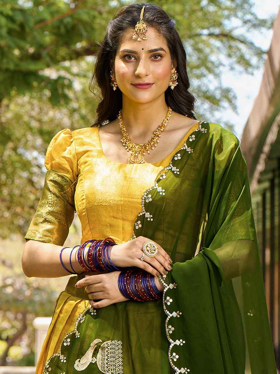 Yellow Kanjivaram Embroidered Mehendi Festival Traditional Lehenga Choli