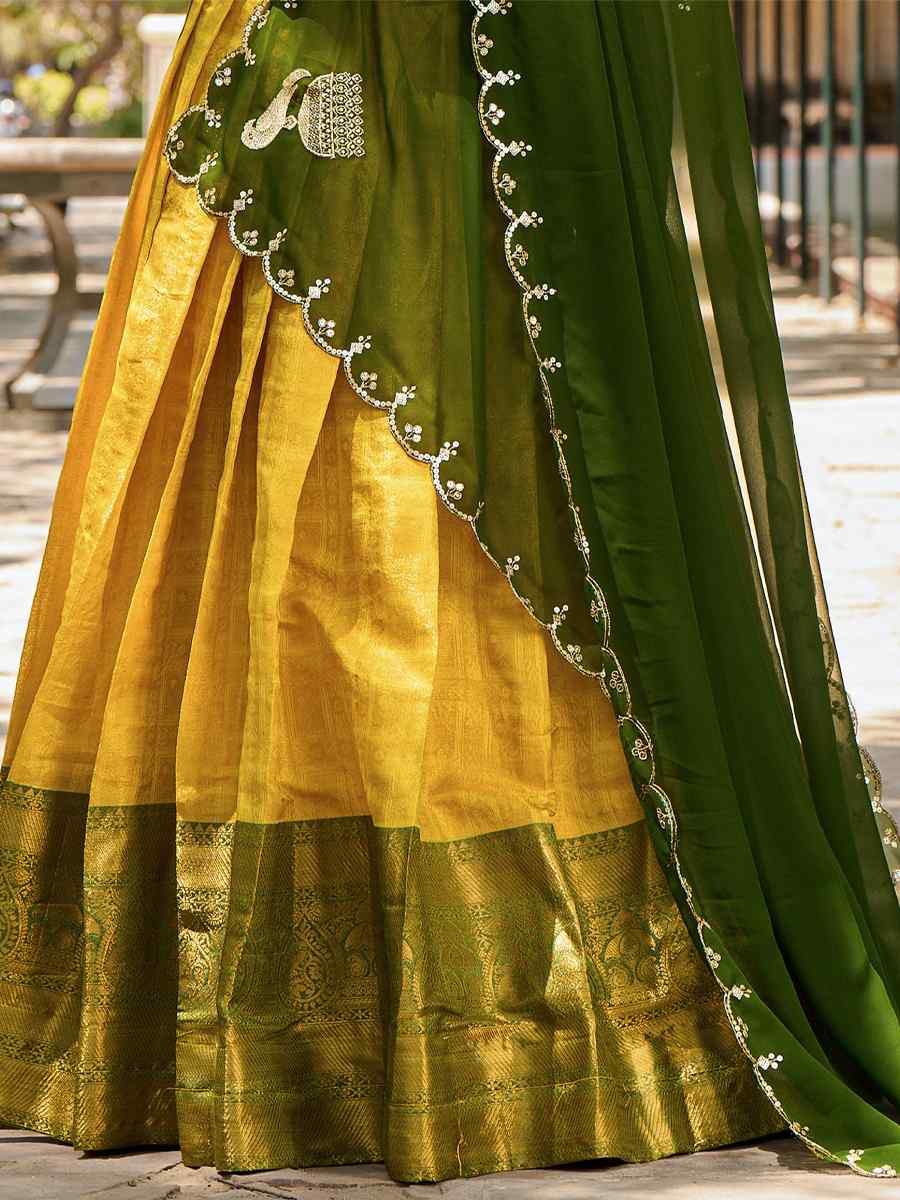 Yellow Kanjivaram Embroidered Mehendi Festival Traditional Lehenga Choli