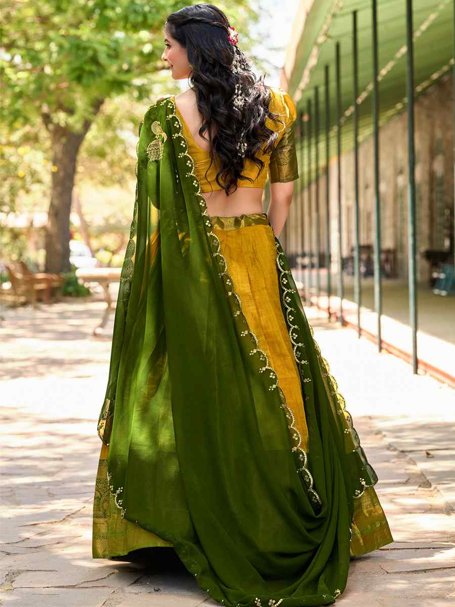 Yellow Kanjivaram Embroidered Mehendi Festival Traditional Lehenga Choli