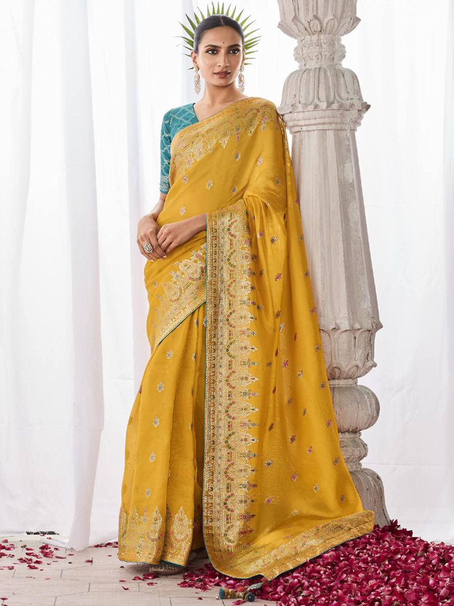 Yellow Kora Silk Handwoven Festival Wedding Heavy Border Saree