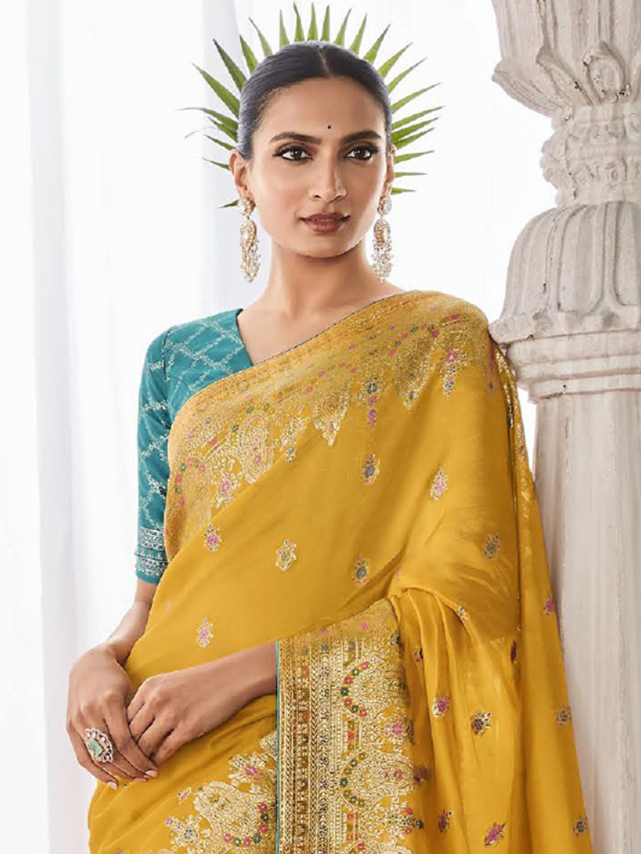 Yellow Kora Silk Handwoven Festival Wedding Heavy Border Saree