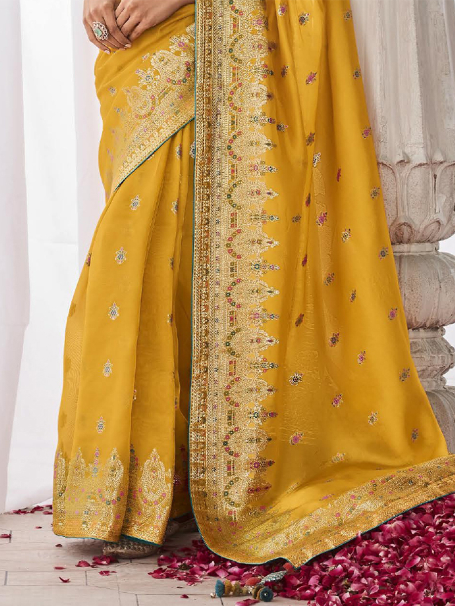 Yellow Kora Silk Handwoven Festival Wedding Heavy Border Saree