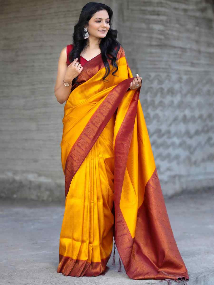 Yellow Kubera Pattu Handwoven Casual Festival Heavy Border Saree