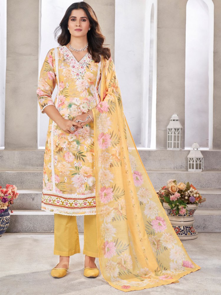 Yellow Linen Cotton Embroidered Festival Casual Ready Pant Salwar Kameez