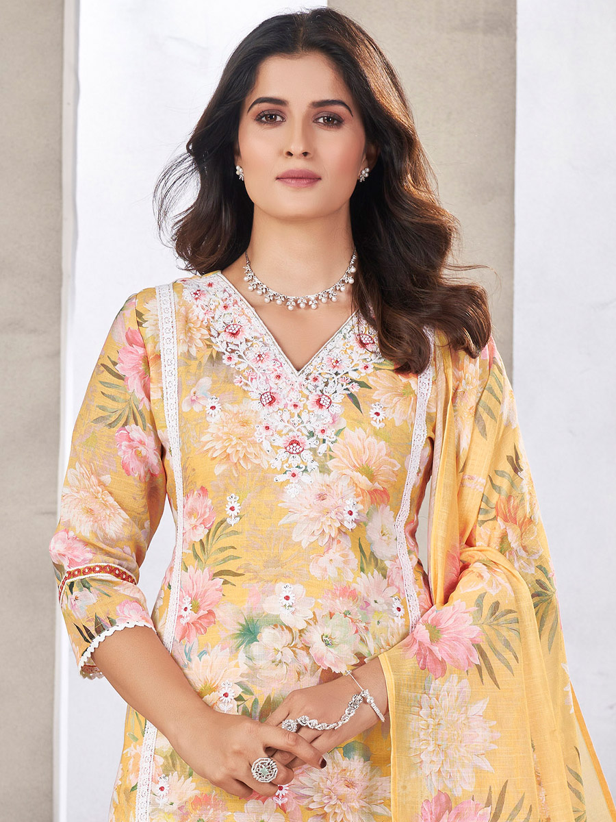 Yellow Linen Cotton Embroidered Festival Casual Ready Pant Salwar Kameez