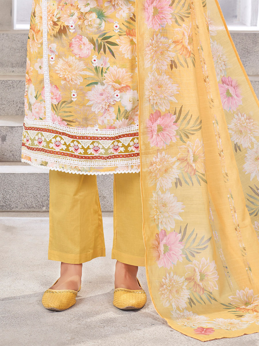 Yellow Linen Cotton Embroidered Festival Casual Ready Pant Salwar Kameez