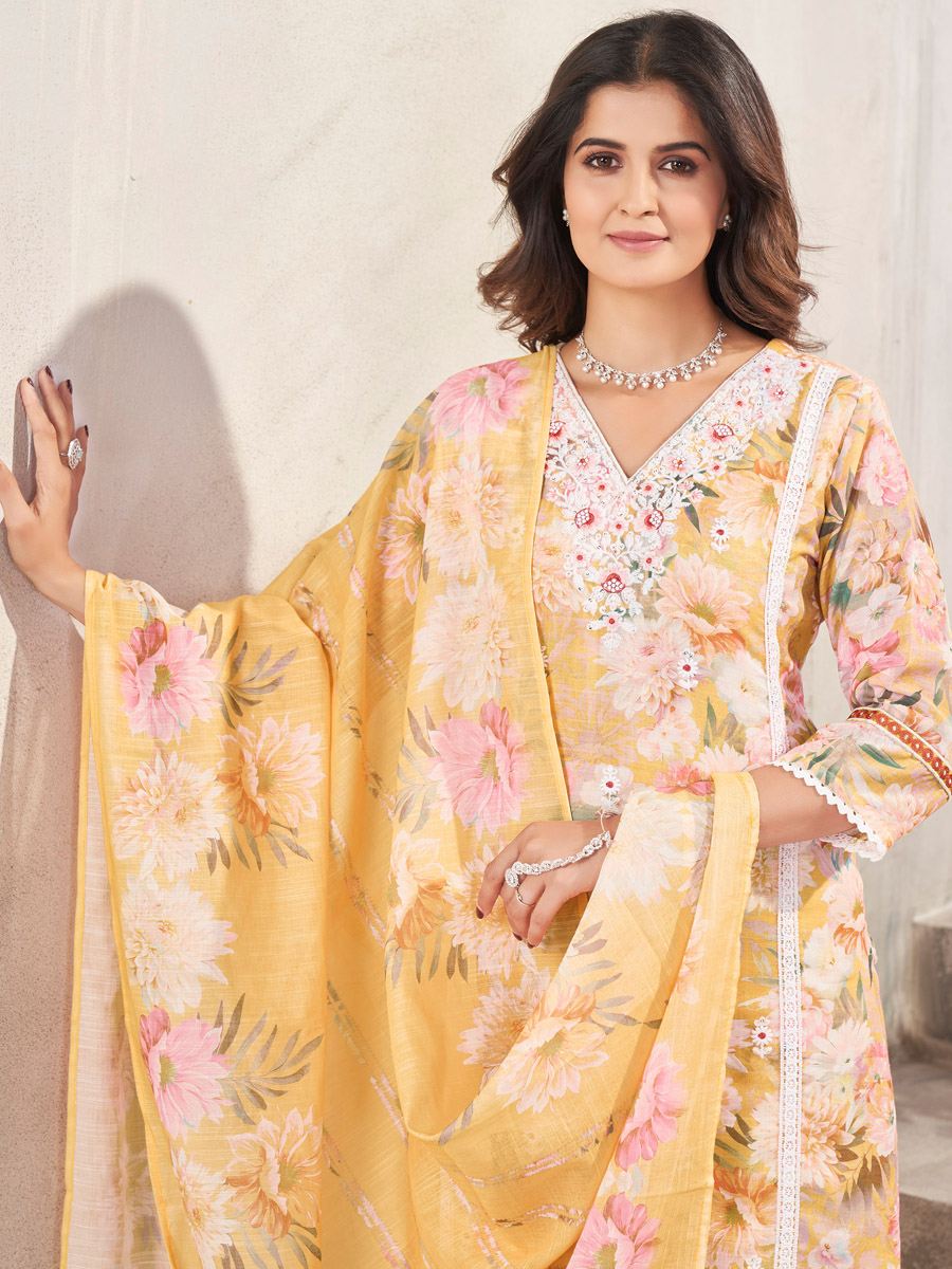 Yellow Linen Cotton Embroidered Festival Casual Ready Pant Salwar Kameez