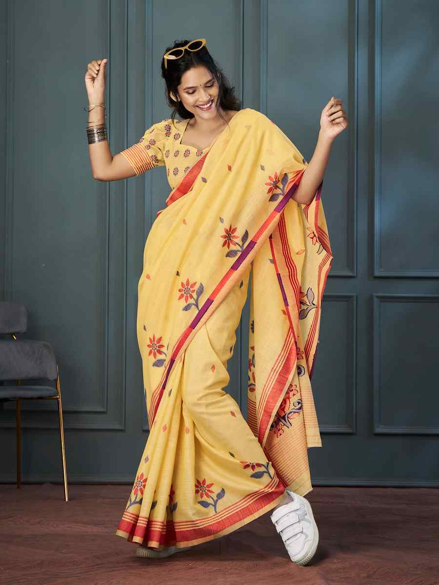 Yellow Linen Handwoven Festival Casual Classic Style Saree