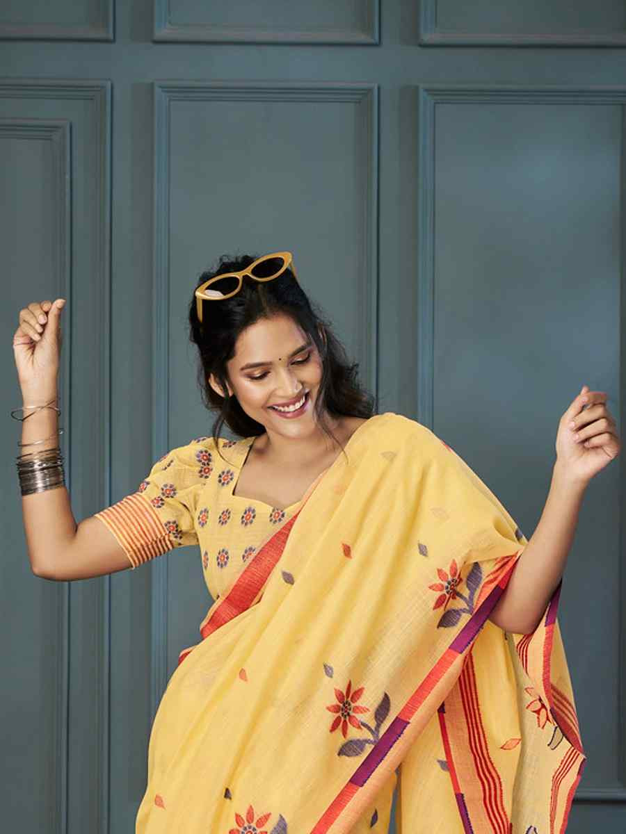 Yellow Linen Handwoven Festival Casual Classic Style Saree