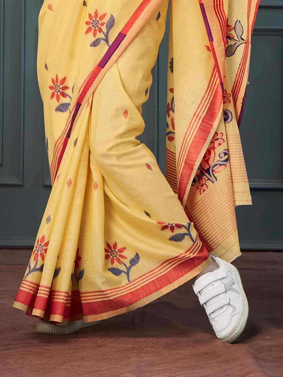 Yellow Linen Handwoven Festival Casual Classic Style Saree