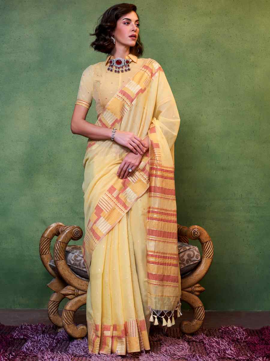 Yellow Malmal Cotton Handwoven Wedding Festival Heavy Border Saree