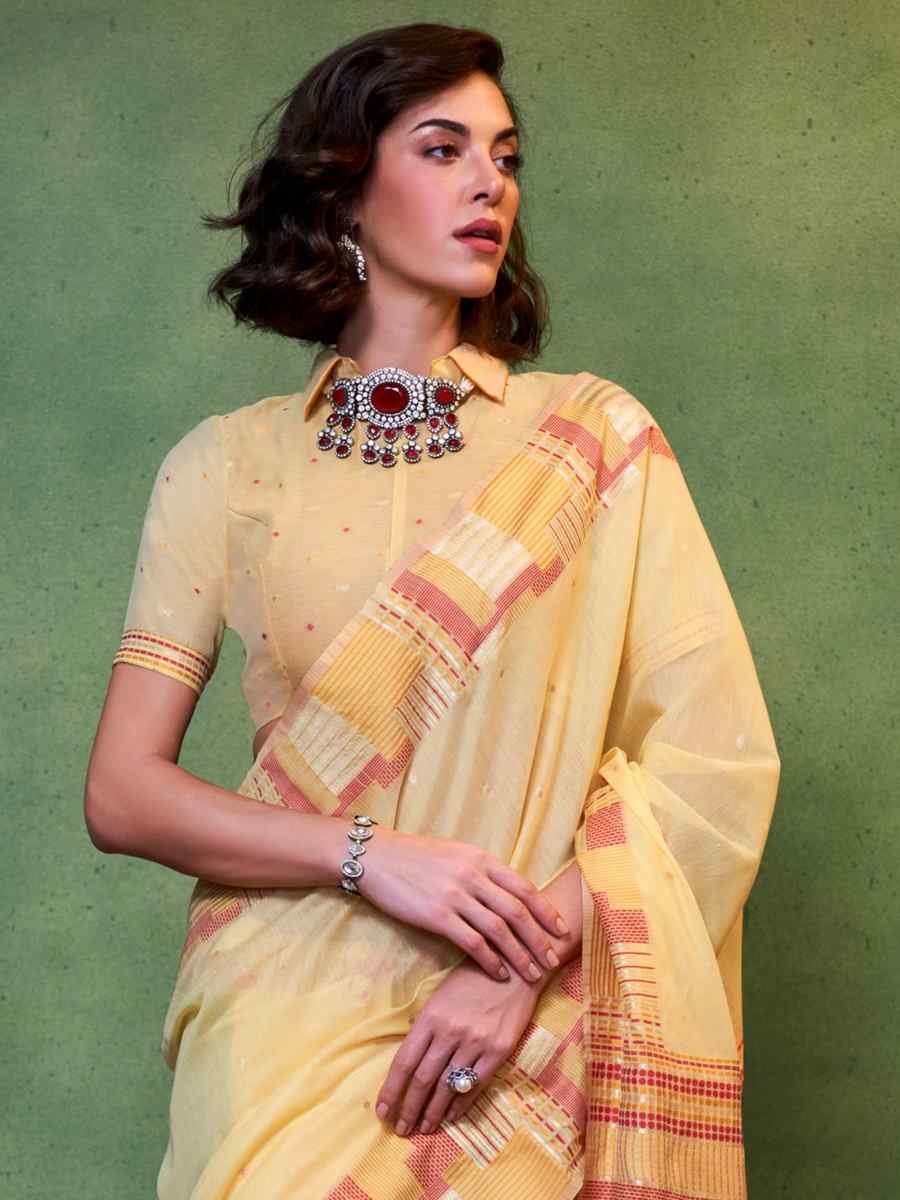 Yellow Malmal Cotton Handwoven Wedding Festival Heavy Border Saree