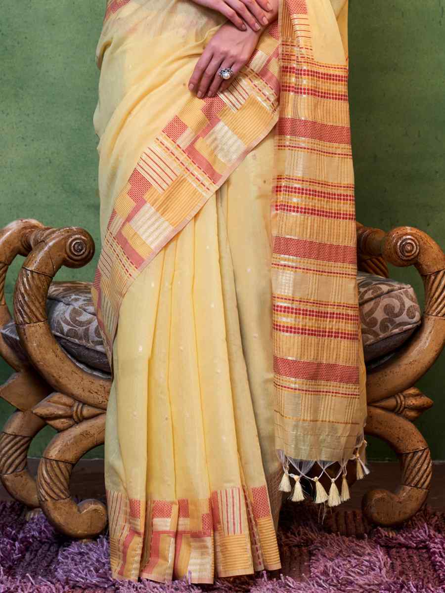 Yellow Malmal Cotton Handwoven Wedding Festival Heavy Border Saree