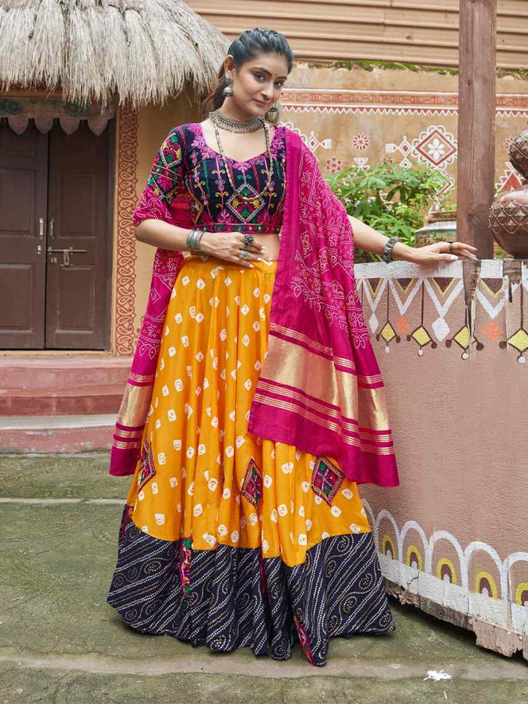 Yellow Maslin Cotton Embroidered Festival Wedding Traditional Lehenga Choli