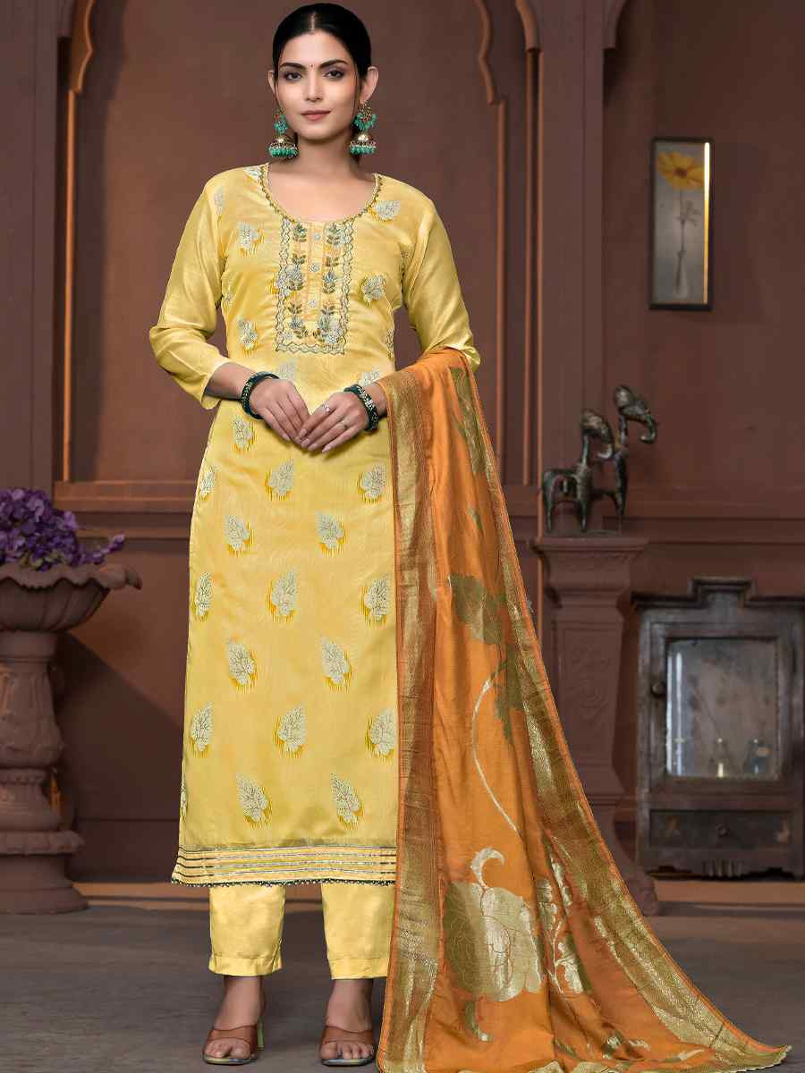 Yellow Modal Cotton Embroidered Casual Festival Pant Salwar Kameez