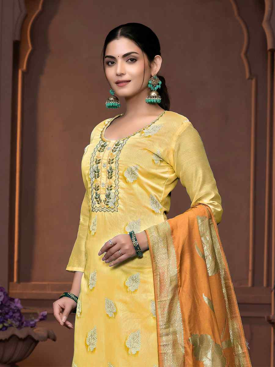 Yellow Modal Cotton Embroidered Casual Festival Pant Salwar Kameez