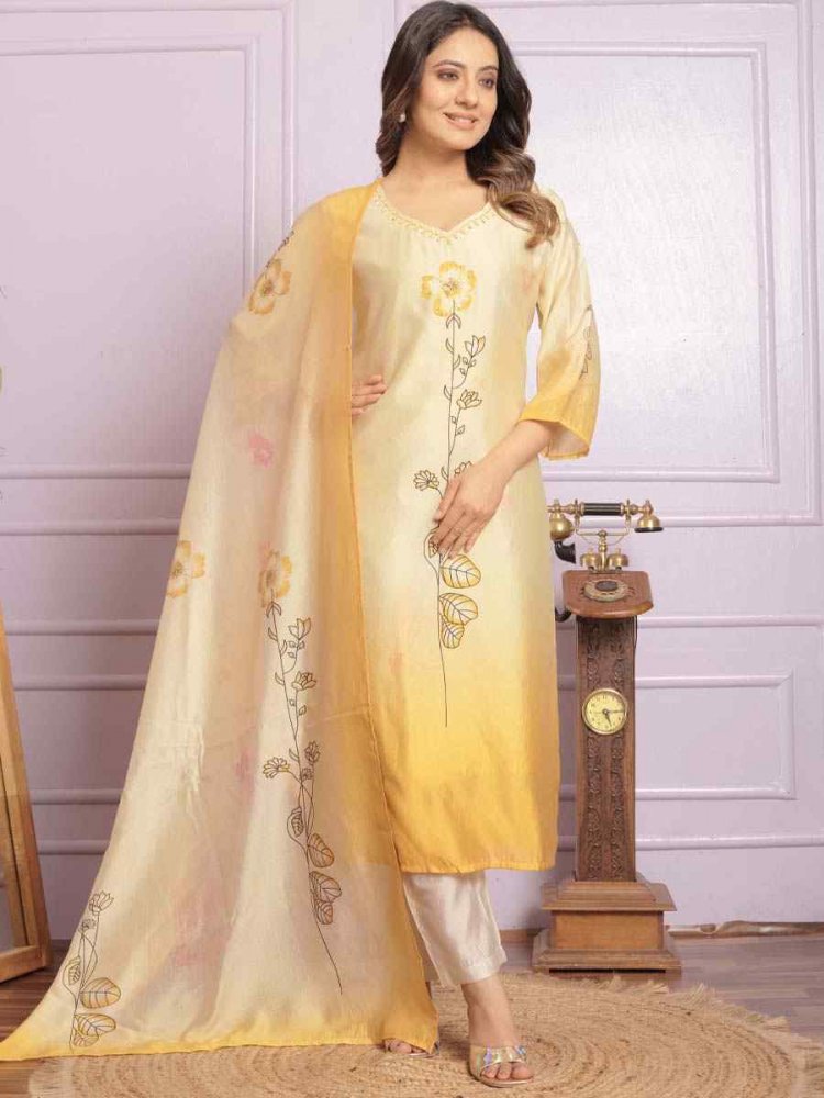 Yellow Modal Silk Embroidered Festival Mehendi Ready Pant Salwar Kameez