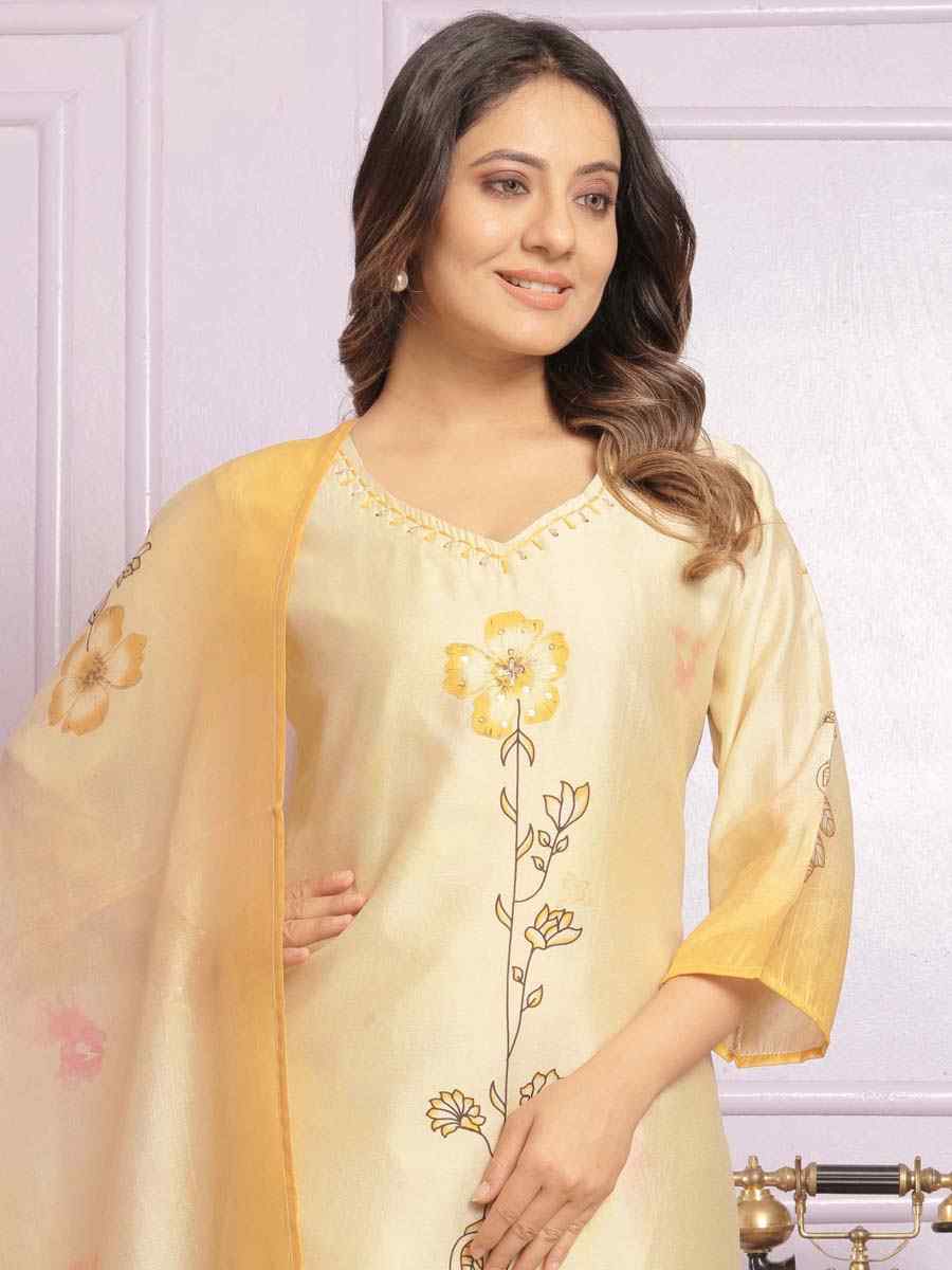 Yellow Modal Silk Embroidered Festival Mehendi Ready Pant Salwar Kameez