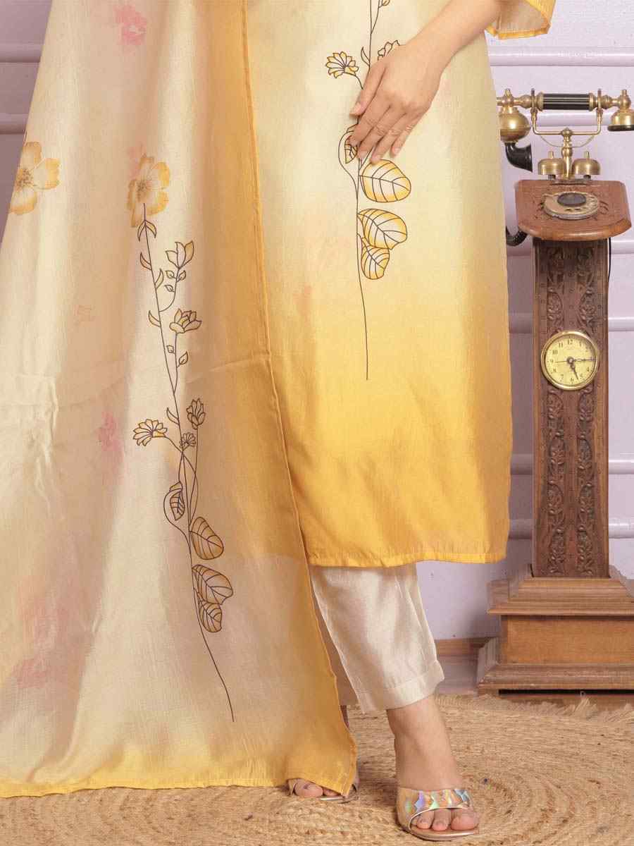 Yellow Modal Silk Embroidered Festival Mehendi Ready Pant Salwar Kameez