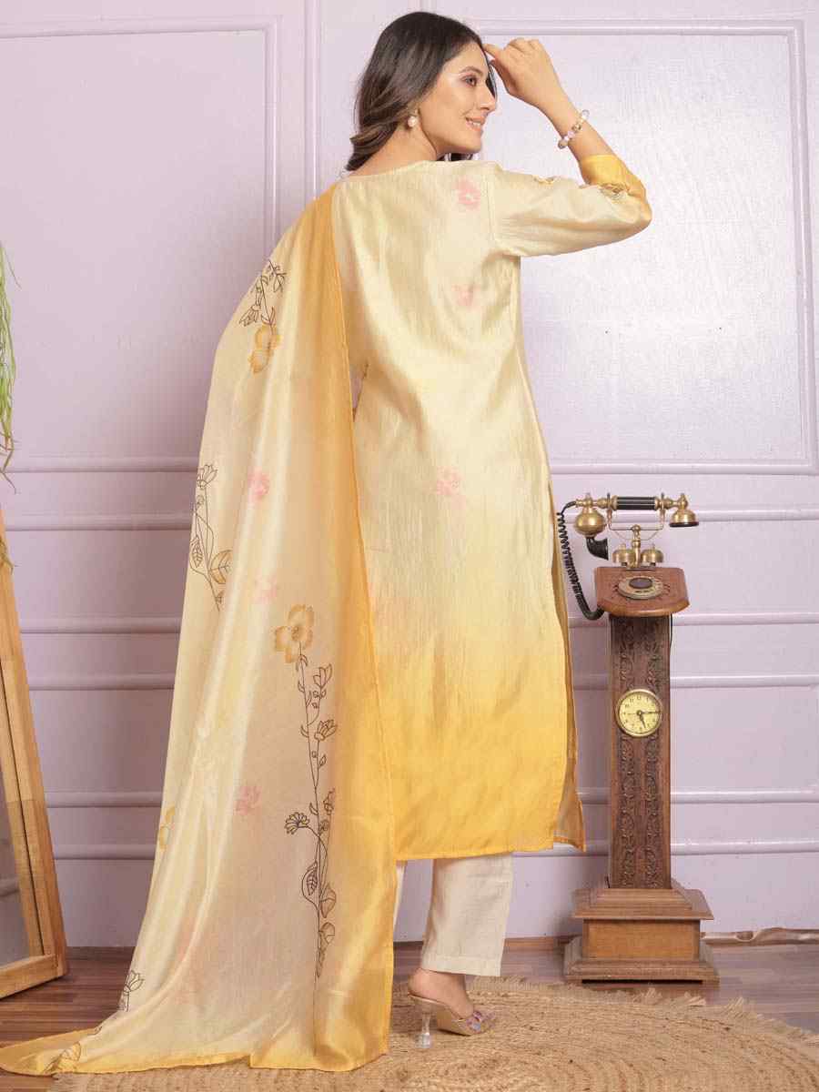 Yellow Modal Silk Embroidered Festival Mehendi Ready Pant Salwar Kameez