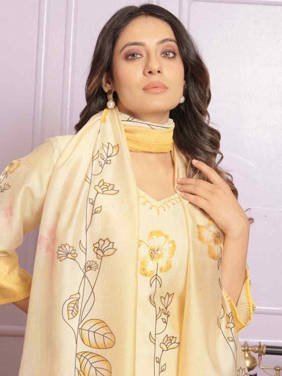 Yellow Modal Silk Embroidered Festival Mehendi Ready Pant Salwar Kameez