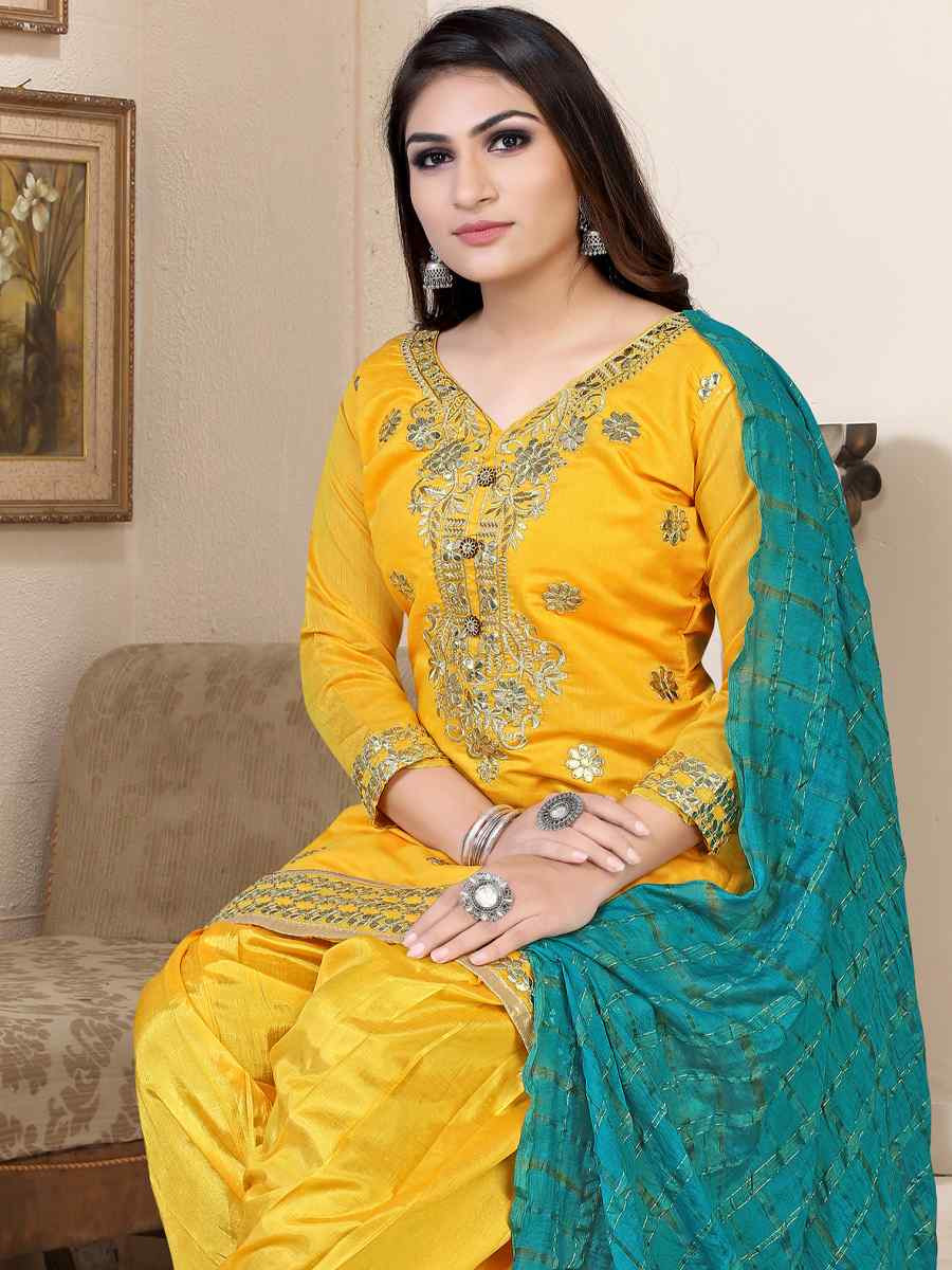 Yellow Model Chanderi Embroidered Festival Wedding Patiala Salwar Kameez