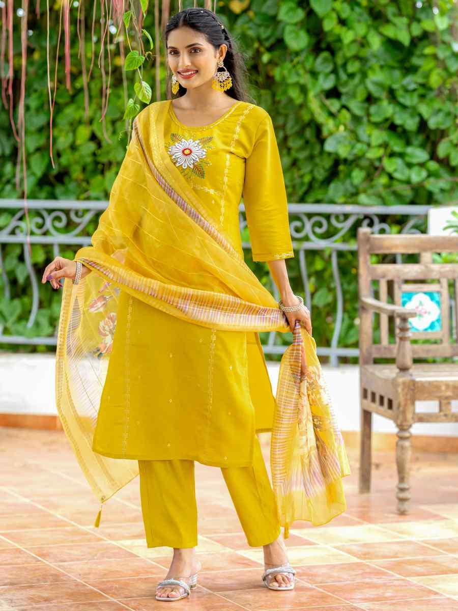 Yellow Model Silk Embroidered Party Wedding Ready Pant Salwar Kameez