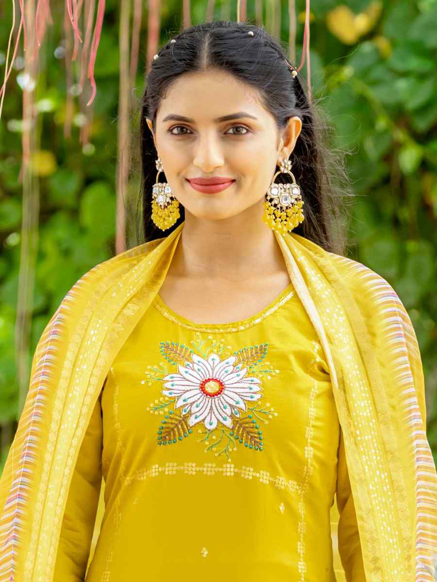 Yellow Model Silk Embroidered Party Wedding Ready Pant Salwar Kameez