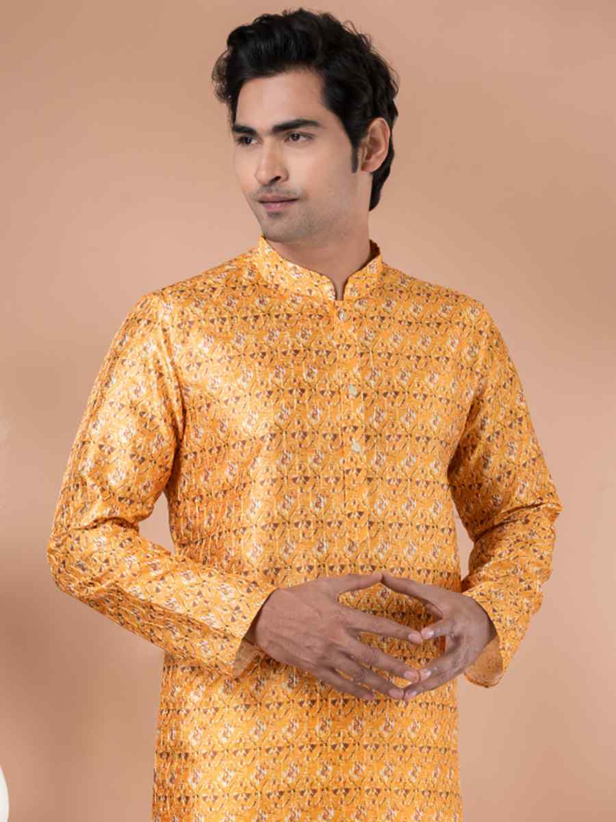 Yellow Mono Printed Festival Casual Kurta