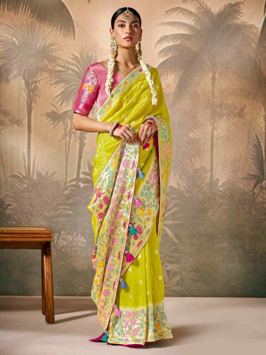 Yellow Munga Silk Embroidered Reception Wedding Heavy Border Saree