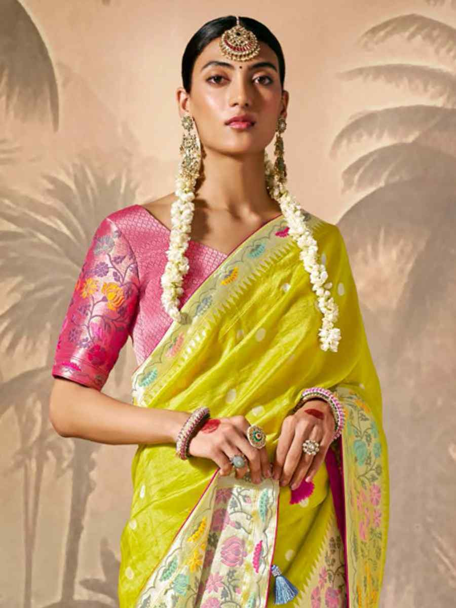 Yellow Munga Silk Embroidered Reception Wedding Heavy Border Saree