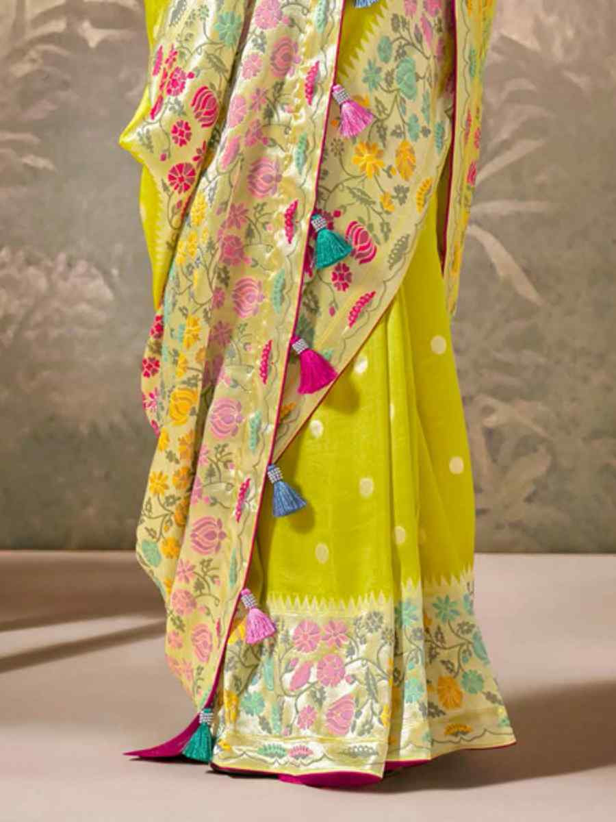 Yellow Munga Silk Embroidered Reception Wedding Heavy Border Saree